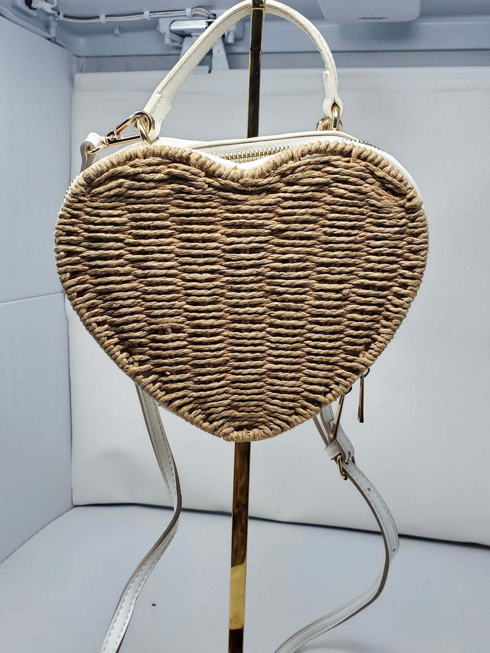 Heart-Shaped Woven Crossbody Bag in Natural and White